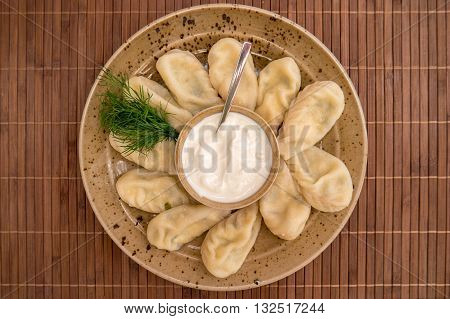 Kurze is the national dish of Dagestan cuisine. Top view.