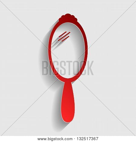 Hand Mirror sign. Red paper style icon with shadow on gray.