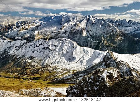 view from Sass Pordoi to massif Marmolada Dolomites Italy