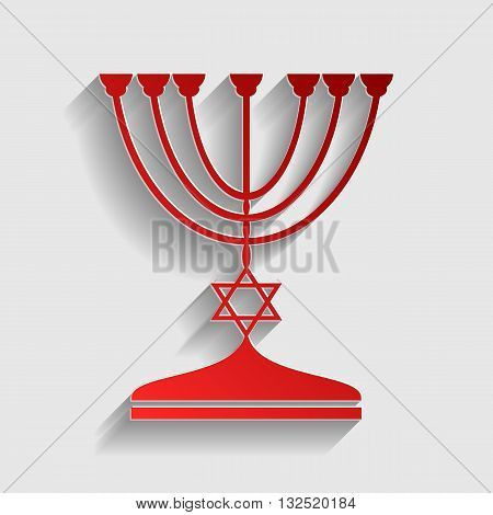 Jewish Menorah candlestick in black silhouette. Red paper style icon with shadow on gray.