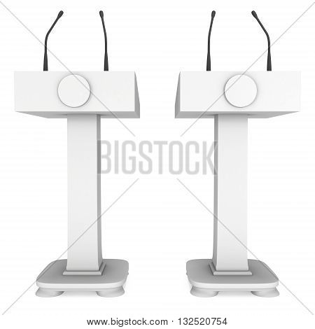 Two 3d Speaker Podiums. White Tribune Rostrum Floor Stands with Microphones. 3d render isolated on white background. Debate press conference concept