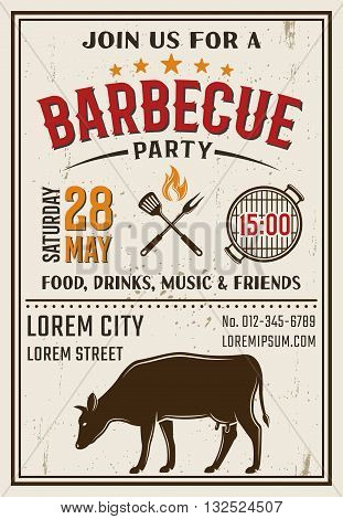 Barbecue party retro style poster with cooking tools in center on white background with spots vector illustration