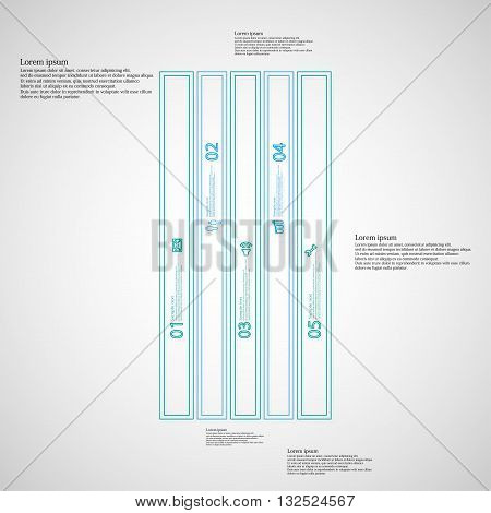 Illustration infographic template with motif of rectangle bar. Bar divided to five blue parts. Each part created by double outline contour. Each part contains number text and simple sign.