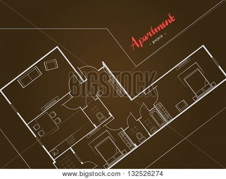 Cover design. Apartment project with furniture. Kitchen living room two bedroom and balcony. Handwritten inscription. Vector illustration of top view.