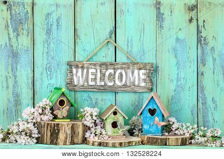 Welcome sign hanging over colorful birdhouses on cedar logs by spring tree blossoms on antique rustic mint green wood background; brown, yellow and teal blue birdhouses