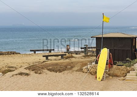Lifeguard hut on the Carcavelos beach at Lisbon Portugal