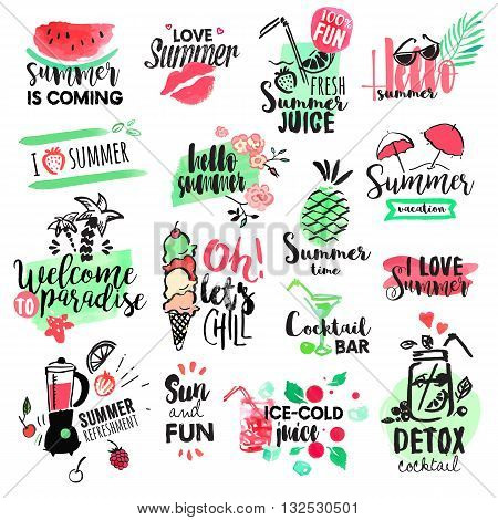 Set of hand drawn watercolor summer badges and elements. Vector illustrations for summer holiday, travel agency, restaurant and bar, menu, sea and sun, beach vacation and party.