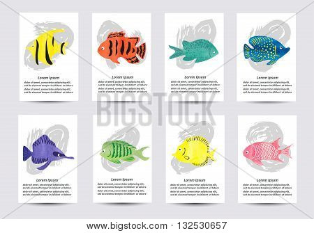 Set of watercolor tropical fish. Collection of card templates for design. Vector illustration.