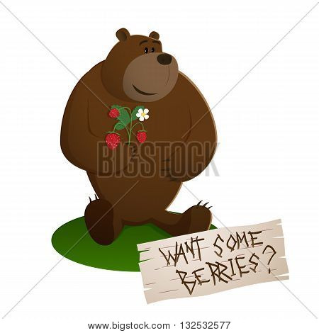 A brown smiling bear holding a strawberry branch and asking Want some berries?