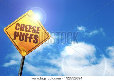 cheese puffs, 3D rendering, glowing yellow traffic sign 
