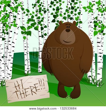 Brown bear stands in the forest of white birches saying Hi there!!!