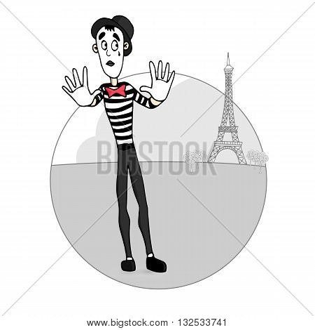 A mime performing a show with the eiffel tower in the background