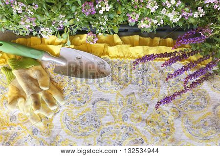 Garden Tools And Flowers Framing Apron Fabric Background
