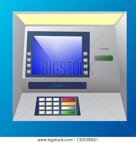 Bankomat vector illustration in blue shades. ATM machine for operations with money front view.