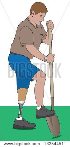 Amputee using shovel to dig hole in his yard