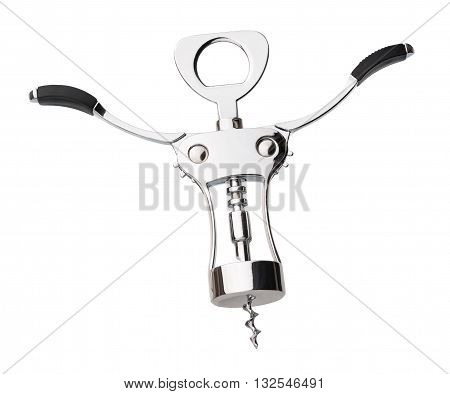 Glossy Metal Wing Corkscrew for Wine Isolated on White Background. Wine Bottle Opener with Opened Wings.