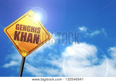 genghis khan, 3D rendering, glowing yellow traffic sign 