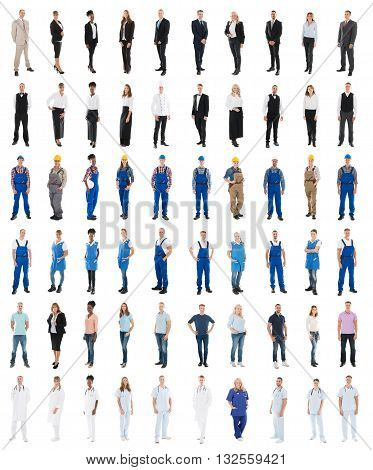 Set Of People With Various Occupations Standing Against White Background