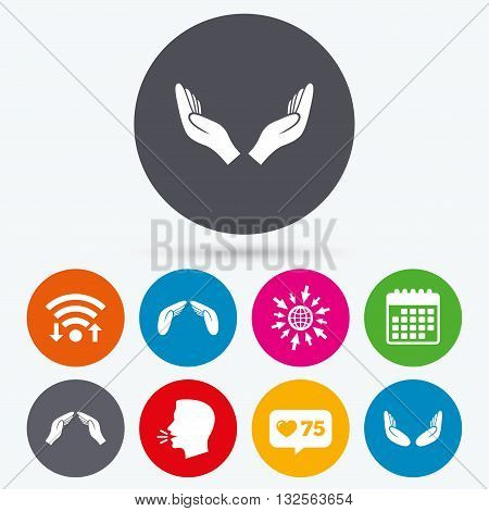 Wifi, like counter and calendar icons. Hands icons. Insurance protection signs. Human helping donation hands. Prayer meditation hands sybmols. Human talk, go to web.
