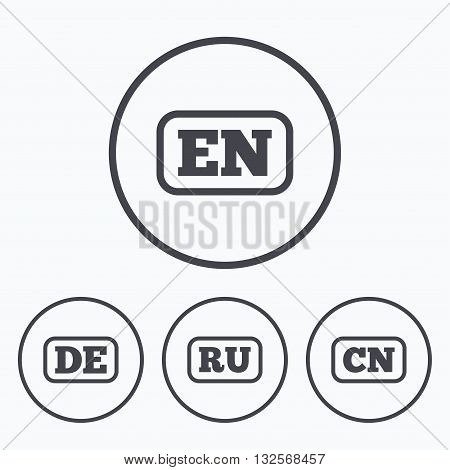 Language icons. EN, DE, RU and CN translation symbols. English, German, Russian and Chinese languages. Icons in circles.