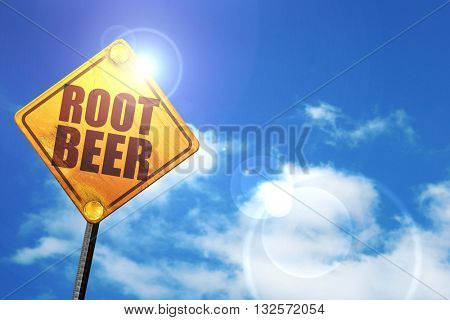 root beer, 3D rendering, glowing yellow traffic sign 
