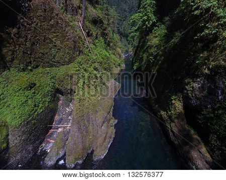 Arial shot of a river through a canyon