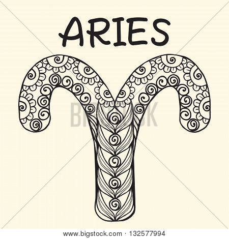 Zentangle stylized cartoon aries sign zodiac. Hand drawn sketch for adult anti stress coloring page T-shirt emblem logo tattoo with doodle design elements.