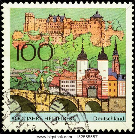 MOSCOW RUSSIA - JUNE 02 2016: A stamp printed in Germany shows ancient German city Heidelberg devoted to the 800th Anniversary of Heidelberg circa 1996