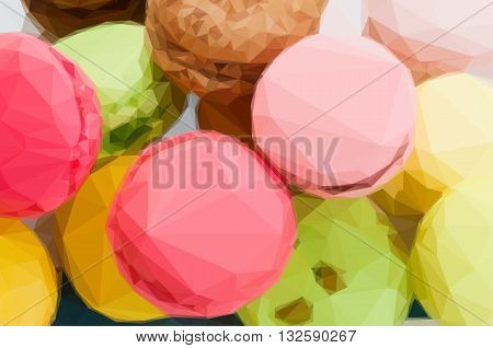 Low poly illustration pile of french multicolored macaroons close up