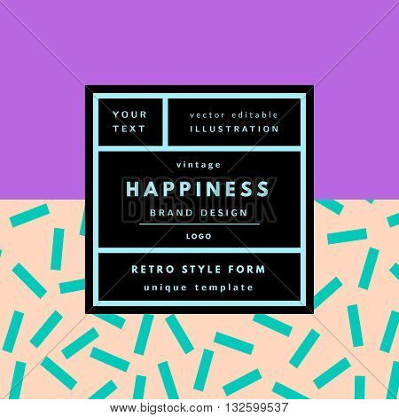 Retro logo in frame outline memphis geometric background. Retro label package template. Romantic minimal logo in frame on geometric layout. Retro package template. Trend layout, art print.