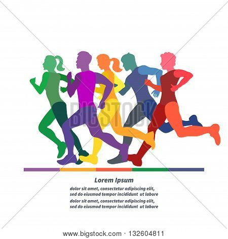 Running people. Colorful hand drawn vector illustration of running silhouettes. Men and women.