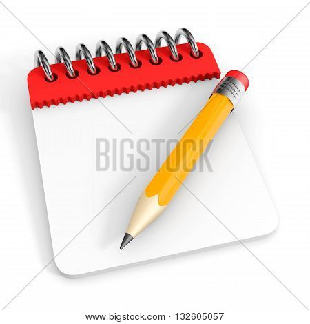 Notepad and pencil on white background. 3D render image.