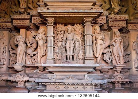 Varaha avatar of Vishnu sculpture inside of temple in Khajuraho, Madhya Pradesh. Walls with reliefs of UNESCO Heritage site built between 950 and 1150 in India