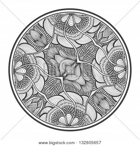 Background   with Zen doodle flowers or  Zen tangle  pattern black on white in circle  for coloring page or relax coloring book or wallpaper or for decorate package clothes