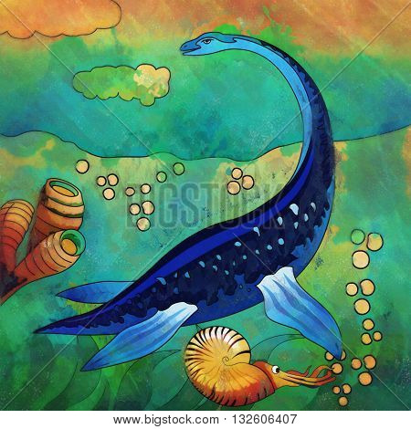 Plesiosaurus. Illustration of a dinosaur in its habitat.