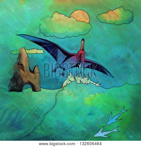 Pterosaurs. Illustration of a dinosaur in its habitat.