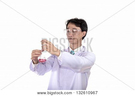 technician resercher carrying out experiments in the laboratory on white background