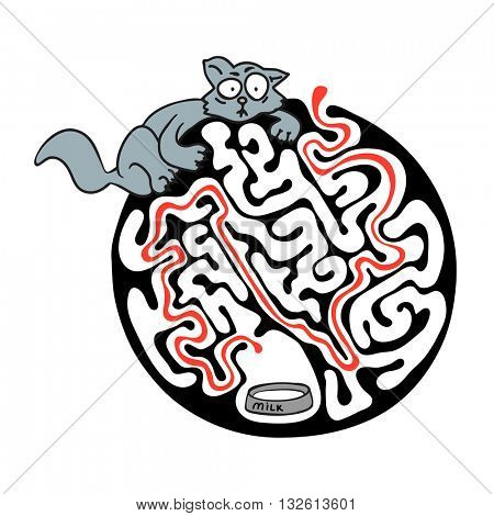 Maze puzzle for kids with cat and milk. Labyrinth illustration, solution included.