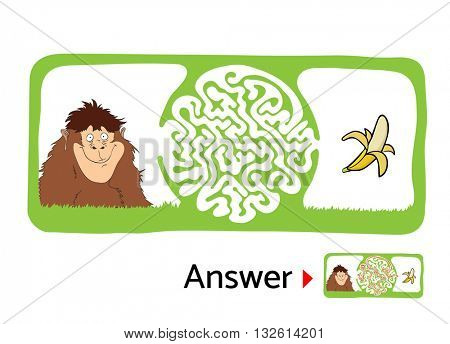 Maze puzzle for kids with monkey and banana. Labyrinth illustration, solution included.