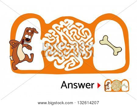 Maze puzzle for kids with dog and bone. Labyrinth illustration, solution included.