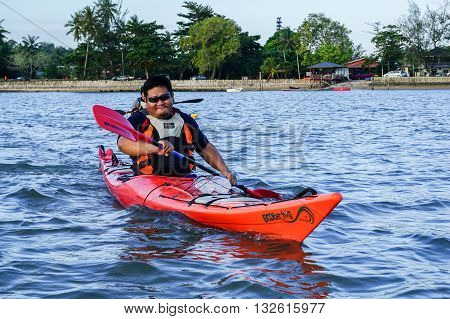 Labuan Malaysia - Jan 30, 2016:Adventurer man exploring sea kayak adventure expedition activity at Labuan Malaysia in conjuction with Hari Wilayah 2016.