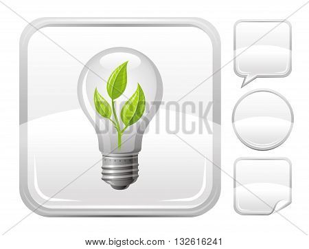 Light bulb with sprout vector icon on silver button background with althernative button variations speaking bubble, round button and sticker