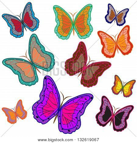 Ten bright motley butterflies isolated on White. Vector illustration.