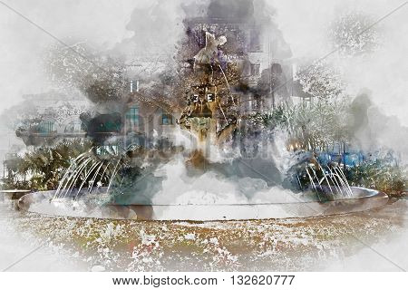 Plaza Gabriel Miro fountain. Digital watercolor painting