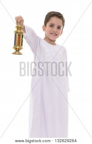 Happy Boy In White Djellaba Celebrating Ramadan