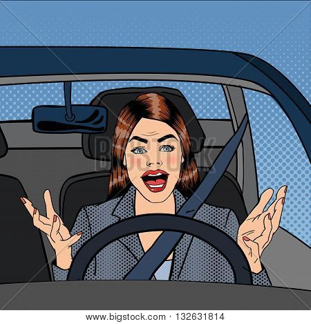 Angry Woman Driver. Pop Art. Vector illustration