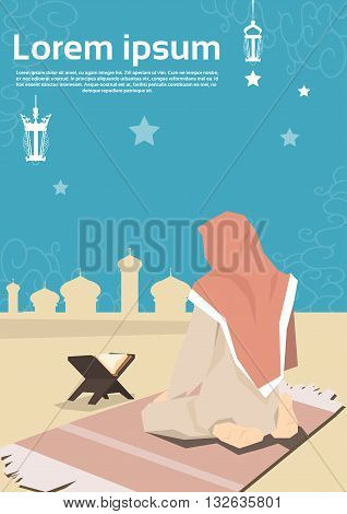 Muslim Woman Pray On Carpet Koran Ramadan Kareem Mosque Religion Holy Month Vector Illustration