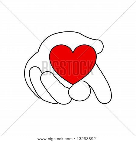 Stylized line drawing hand holding heart vector illustration isolated on white background.