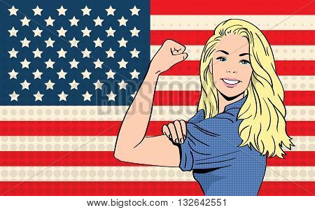 Woman We Can Do It United States Of America Flag Pop Art Colorful Retro Style Vector Illustration