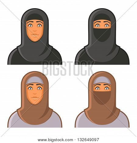 Muslim Woman in Hijab Avatars Set. Vector illustration